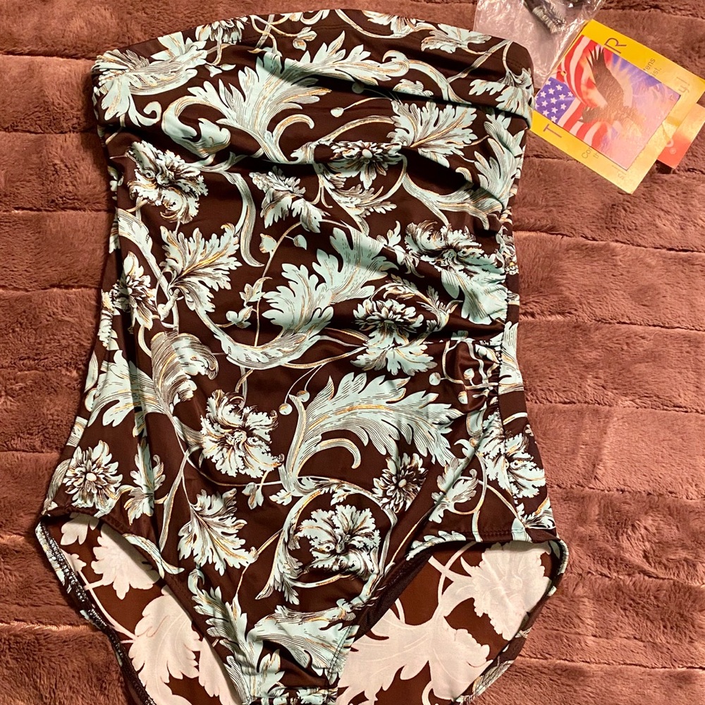 NWT Ceeb GORGEOUS brown, aqua, & gold swimsuit 10